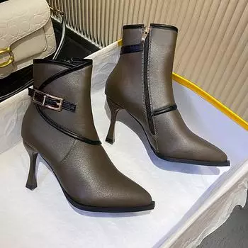 Новые модные женские ботильоны весна-осень с острым носком и застежкой-молнией сбоку, с пряжкой на высоком каблуке, женские короткие сапоги 35