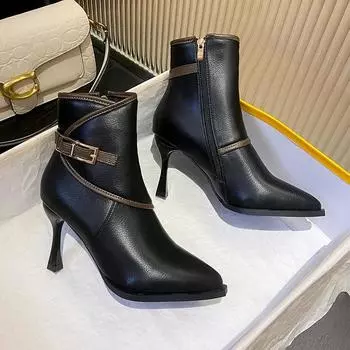 Новые модные женские ботильоны весна-осень с острым носком и застежкой-молнией сбоку, с пряжкой на высоком каблуке, женские короткие сапоги 35