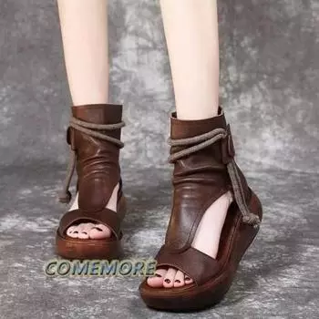 Новые модные женские ботинки из мягкой искусственной кожи в стиле ретро, модные женские сандалии 2024 года, летние сандалии с открытым носком, туфли на танкетке, сандалии на среднем каблуке 35 чёрный