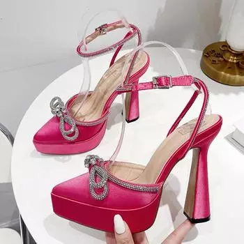 Новые модные женские черные туфли-лодочки на высоком каблуке с блестящими стразами, сандалии из атласной летней вечеринки и выпускного вечера с кристаллами и бантом 39