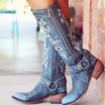 Новые модные женские джинсовые синие кожаные длинные ботинки на низком каблуке с острым носком и вышивкой 43 синий