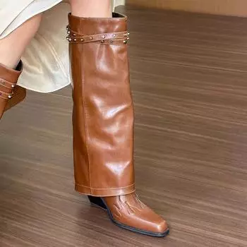 Новые модные женские ковбойские сапоги с острым носком, вышитые заклепками, новые женские высокие сапоги с пряжкой на ремне 35