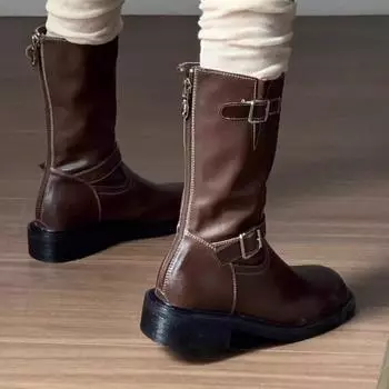 Новые модные женские ковбойские сапоги в британском стиле с толстой подошвой, складками посередине и тонкими сапогами 35