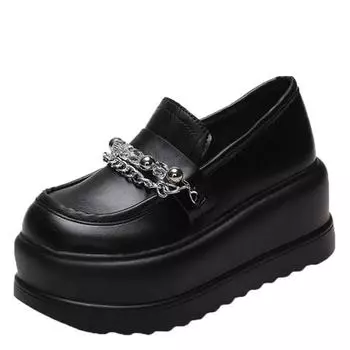 Новые модные женские кожаные туфли на танкетке с цепочкой на платформе, осенние туфли на высоком каблуке 7,5 см, повседневные туфли, новые туфли на толстой подошве без застежек 35
