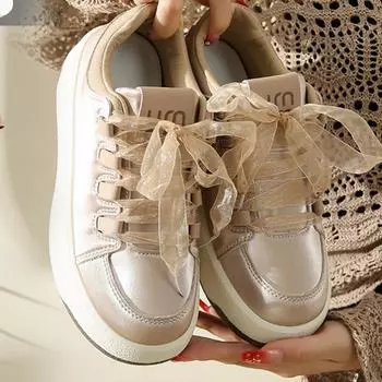 Новые модные женские кроссовки, однотонные, со шнурками-лентами, лаконичные туфли с круглым носком и толстой подошвой, женские вулканизированные туфли 35
