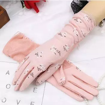 Новые модные женские летние хлопковые дышащие нескользящие солнцезащитные перчатки с кружевными краями и цветочным принтом для вождения one size серый