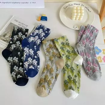 Новые модные женские носки с цветочным тиснением, ретро-носки средней длины, женские японские модные этнические длинные носки в стиле Харадзюку зелёный