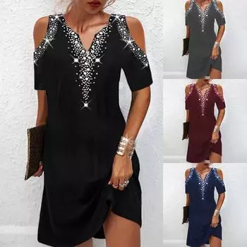 Новые модные женские платья с принтом без бретелек с короткими рукавами и v-образным вырезом S винный