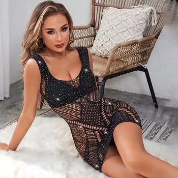 Новые модные женские платья в сеточку с бриллиантами, сексуальные сетчатые ажурные прозрачные пляжные костюмы, эротические перспективные облегающие платья XXS