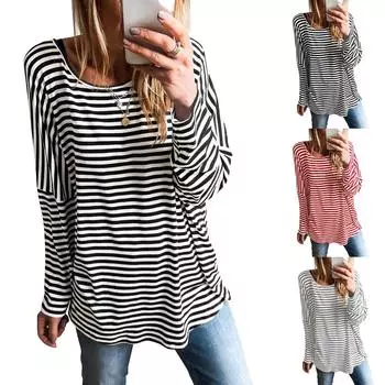 Новые модные женские полосатые повседневные рубашки с длинным рукавом и круглым вырезом, базовые топы S розовый