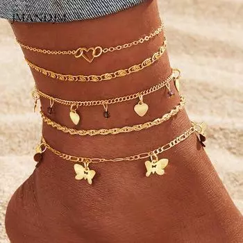 Новые модные женские полые любовные блестки бабочка летний пляжный ветер ножной браслет из пяти частей украшение для ног alloy