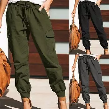 Новые модные женские повседневные брюки с боковыми карманами на шнуровке, свободные хлопковые брюки больших размеров XXXL чёрный