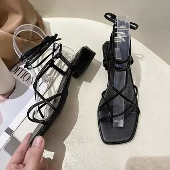 Новые модные женские сандалии на низком каблуке со шнуровкой и ремешком сзади, летние туфли-гладиаторы, повседневные сандалии с узкими ремешками, сандалии 35 бежевый