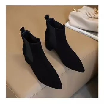 Новые модные женские сапоги из искусственной замши в стиле ретро, короткие ботильоны на квадратном каблуке с острым носком, женские офисные туфли 35 чёрный