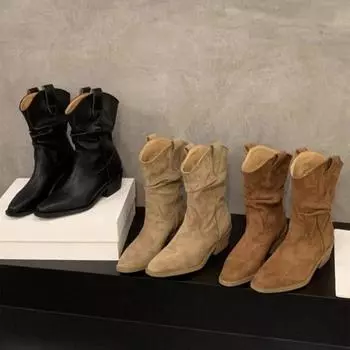 Новые модные женские сапоги с раздельным носком, осенне-зимние короткие сапоги с роговым узором, женские сапоги на толстом каблуке в стиле вестерн-ковбой, дизайнерские рыцарские сапоги 35