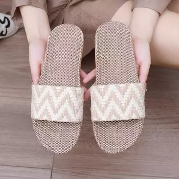 Новые модные женские тапочки из льна с волнистым жаккардом в полоску 35 хаки