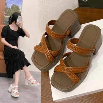 Новые модные женские тапочки на толстом каблуке с квадратным носком, летние повседневные женские туфли-слайды, пляжные сексуальные туфли-лодочки для женщин 35