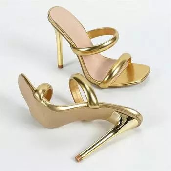 Новые модные женские тапочки с квадратным носком, модный дизайн, ажурные тонкие высокие каблуки, стриптизерша, туфли-слайды для вечеринки 35 золотистый