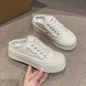 Новые модные женские толстые тапочки с летней женской одеждой Baotou, весенние и осенние белые парусиновые туфли без застежек Zapatos Mujer 35 бежевый