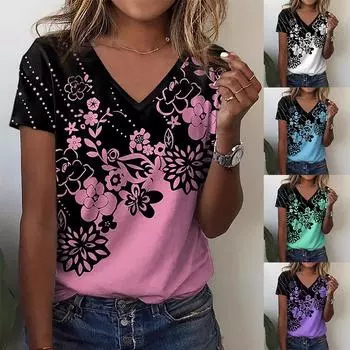 Новые модные женские топы с v-образным вырезом и короткими рукавами с цветочным принтом, свободные повседневные летние футболки S чёрный