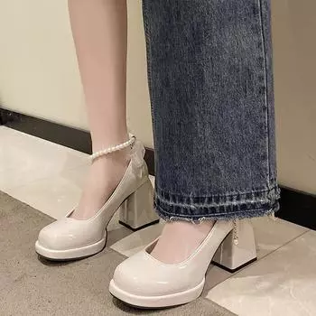 Новые модные женские туфли-лодочки с квадратным носком и высоким каблуком для женщин на платформе с неглубокой подошвой, туфли-лодочки Мэри Джейн с ремешком и жемчужинами 34 чёрный