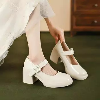 Новые модные женские туфли на среднем каблуке 2024 года, новые женские туфли, классические черные туфли на толстом каблуке для работы, женские туфли 35 бежевый