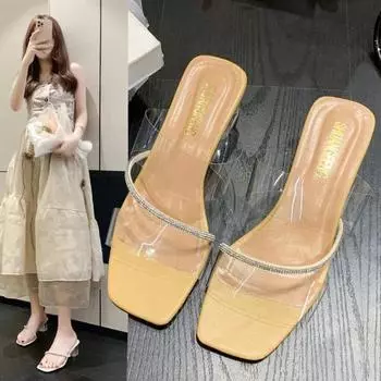 Новые модные женские туфли на высоком каблуке с бриллиантовой цепочкой, женские сандалии с квадратной головкой и надписью «Подсолнух» со стразами 35 бежевый