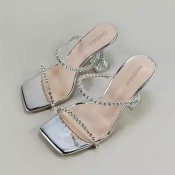 Новые модные женские туфли на высоком каблуке с бриллиантовой цепочкой, женские сандалии с квадратной головкой и надписью «Подсолнух» со стразами 35