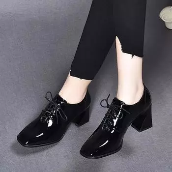 Новые модные женские туфли на высоком каблуке, женские кожаные туфли на высоком каблуке, туфли на шнуровке, квадратный каблук, обувь для женщин 35