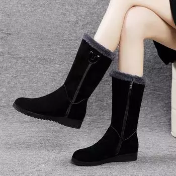 Новые модные женские зимние корейские зимние сапоги на пуговицах с круглым носком, большие размеры, хлопковая обувь, теплая флисовая обувь на плоской подошве, зимние 35