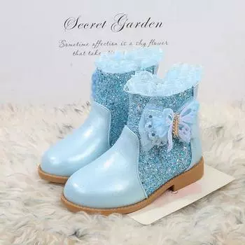 Новые модные зимние сапоги принцессы для девочек, роскошные детские зимние сапоги с блестками, милые элегантные детские повседневные кружевные ботильоны, универсальные 25 розовый