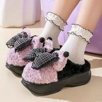 Новые модные зимние тапочки с бантом и ушками кролика для женщин, домашняя обувь, женские теплые хлопковые тапочки с толстой подошвой, фиолетовые туфли-мюли 36-37 розовый