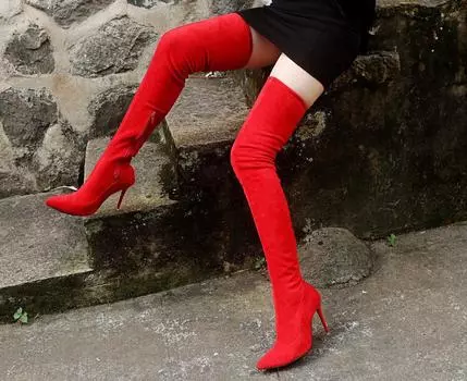 Новые модные зимние женские сапоги, эластичные высокие сапоги, женские сапоги на тонком высоком каблуке, красные туфли, женские длинные сапоги, женские сапоги 35 коричневый