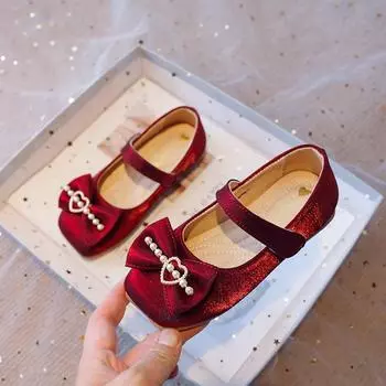 Новые мягкие детские модные туфли Мэри Джейн для девочек, универсальная простая детская повседневная обувь с бантом и жемчугом, мокасины на платформе 23 вино красного