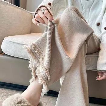 Новые мягкие и липкие трикотажные брюки свободного кроя с высокой талией и кисточками для женщин на осень и зиму One Size бежевый