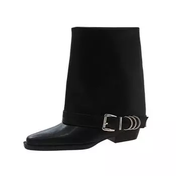 Новые мягкие кожаные ковбойские брюки в стиле вестерн для женщин, слип-он, украшение на пряжке, толстый каблук, до середины икры, Botas Zapatos Mujer 35