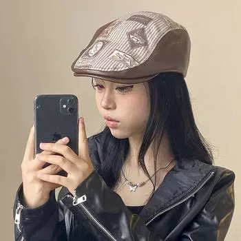 Новые мультяшные шапки из искусственной кожи с рисунком спереди для женщин, летние и осенние, универсальные ретро-береты в британском стиле для мужчин 56-58cm коричневый