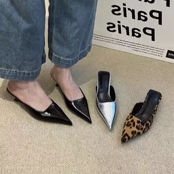 Новые мюли с острым носком, модные женские тапочки с леопардовым принтом, повседневная женская обувь, женские туфли на низком каблуке, элегантные женские туфли для отдыха на открытом воздухе 35 серебряный