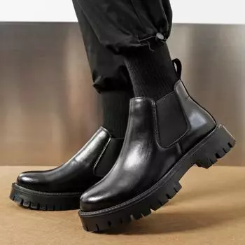 Новые мужские ботинки Chelsea 2024 года, осень-зима, повседневные короткие ботинки в британском стиле с толстой подошвой, утепленные ботинки Chimney Plus Velvet 38 чёрный