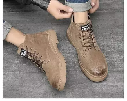 Новые мужские ботинки из натуральной кожи, ботильоны, осенняя мода, высокие кожаные повседневные туфли, крутые рабочие ботинки, зимние плюшевые ботинки 39 коричневый