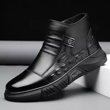 Новые мужские ботинки, осенние ботинки из натуральной кожи с высоким берцем, повседневные ботинки с крокодиловым принтом, зимние плюшевые ботинки «Челси» для активного отдыха на свежем воздухе 38 чёрный