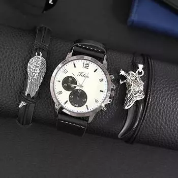 Новые мужские часы, роскошный браслет, набор, модные деловые, черные кожаные кварцевые наручные часы для мужчин, подарочный набор, Relogio Masculino черный белый