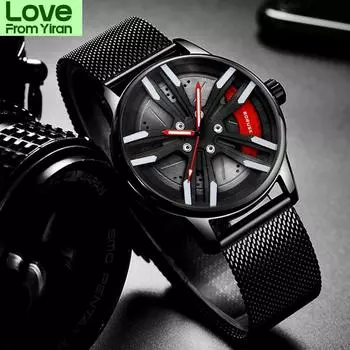 Новые мужские часы с ступицей обода колеса из нержавеющей стали, сетчатый ремень, спортивные часы для мужчин, водонепроницаемые, креативные, кожаные часы Montre Homme
