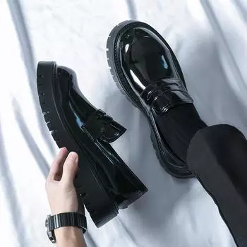 Новые мужские черные модные мокасины из натуральной лакированной кожи с круглым толстым дном, без застежек, деловые, офисные, кожаные туфли 38
