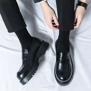 Новые мужские черные мокасины из кожи однотонные туфли на толстой подошве модные туфли с круглым носком для повседневного свадебного платья вечерние туфли из искусственной замши 38 чёрный
