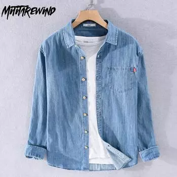 Новые мужские джинсовые рубашки с длинным рукавом, весенние повседневные повседневные рубашки из чистого хлопка с отложным воротником, синие джинсовые топы с карманами, облегающие мужские топы M светло-синий