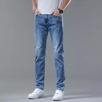 Новые мужские джинсы весна/лето полированные белые синие маленькие брюки прямого кроя мужские тонкие эластичные удобные повседневные брюки мужские 38