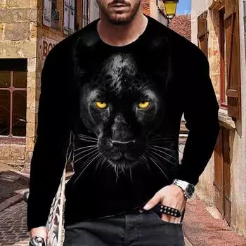 Новые мужские футболки с 3D-принтом серого леопарда, футболки с длинным рукавом и круглым вырезом, повседневные пуловеры, мужская одежда больших размеров XL чёрный