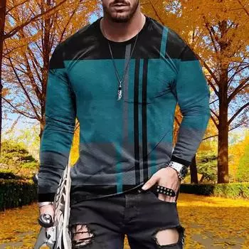 Новые мужские футболки с 3D-принтом в квадратную полоску, футболки с длинным рукавом и круглым вырезом, повседневные пуловеры, мужская одежда больших размеров XS синий