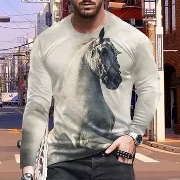 Новые мужские футболки с принтом белой лошади 3D, футболки с длинным рукавом, повседневные свитера с круглым вырезом, мужская одежда больших размеров XS чёрный